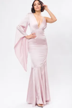 Pink Solid Satin One Shoulder Deep V-Neck Maxi Dress