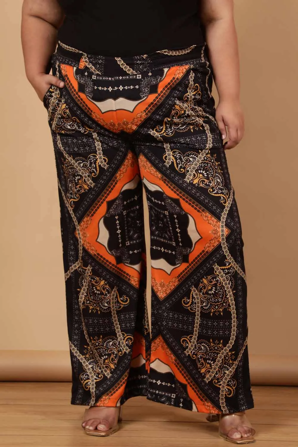 Plus Size Black Baroque Printed High Waist Pants