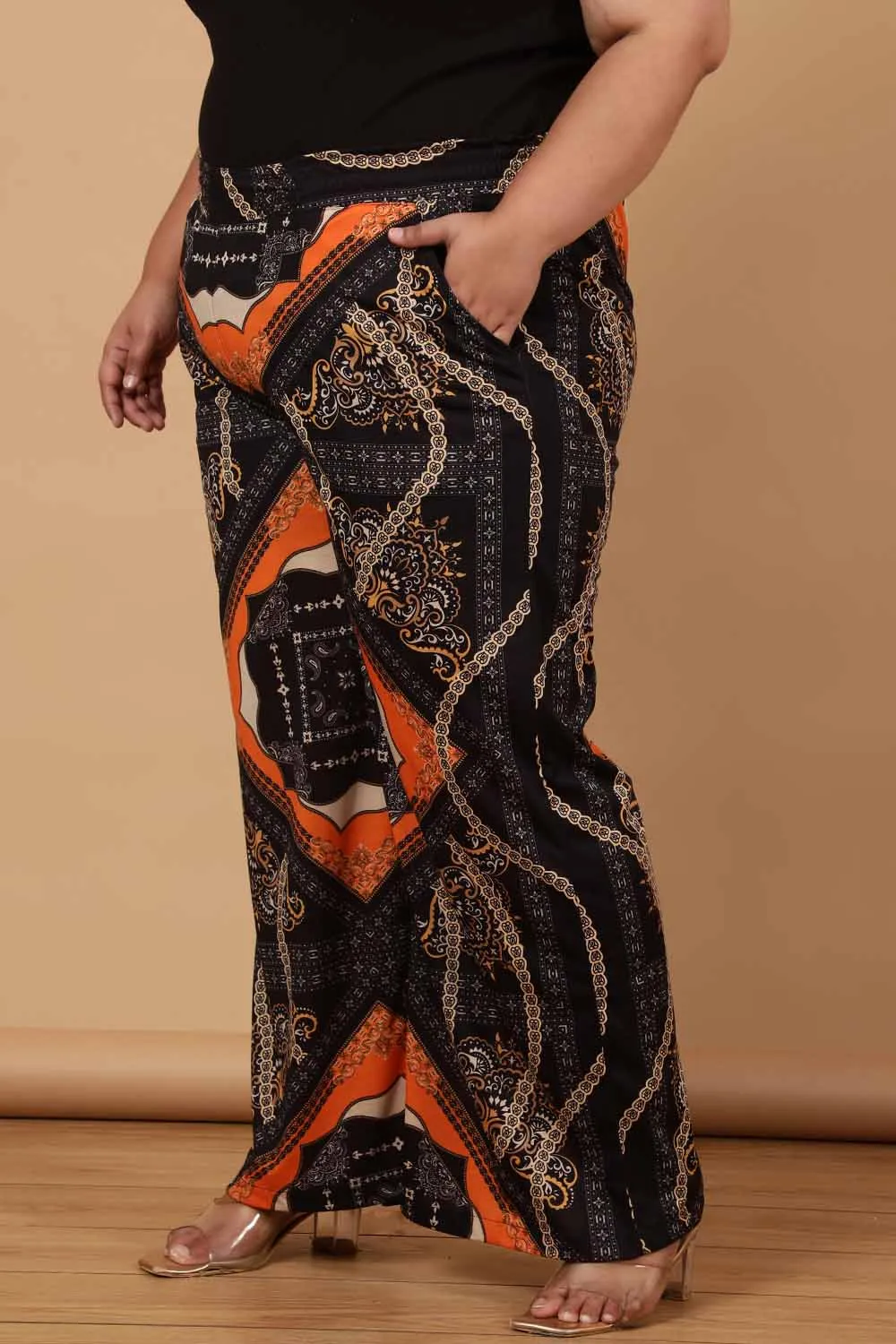 Plus Size Black Baroque Printed High Waist Pants