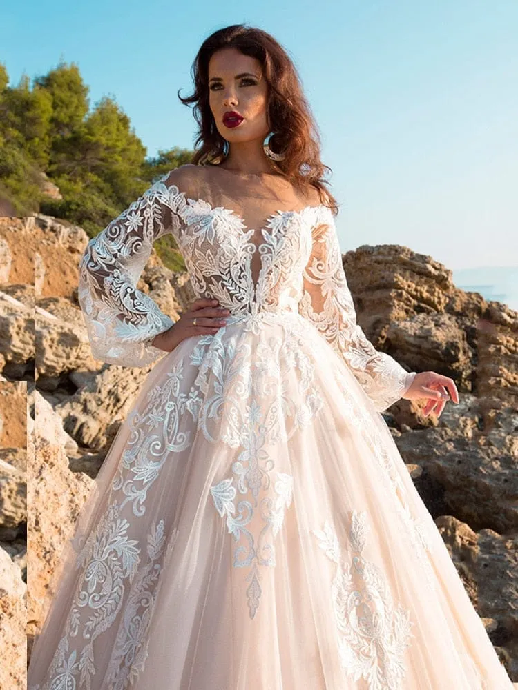 Princess Wedding Dress A Line Lace Bridal Dress With Long Train