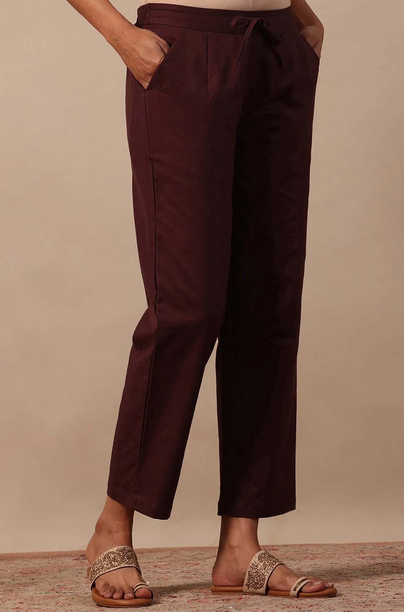Red Solid Cotton Blend Straight Pants