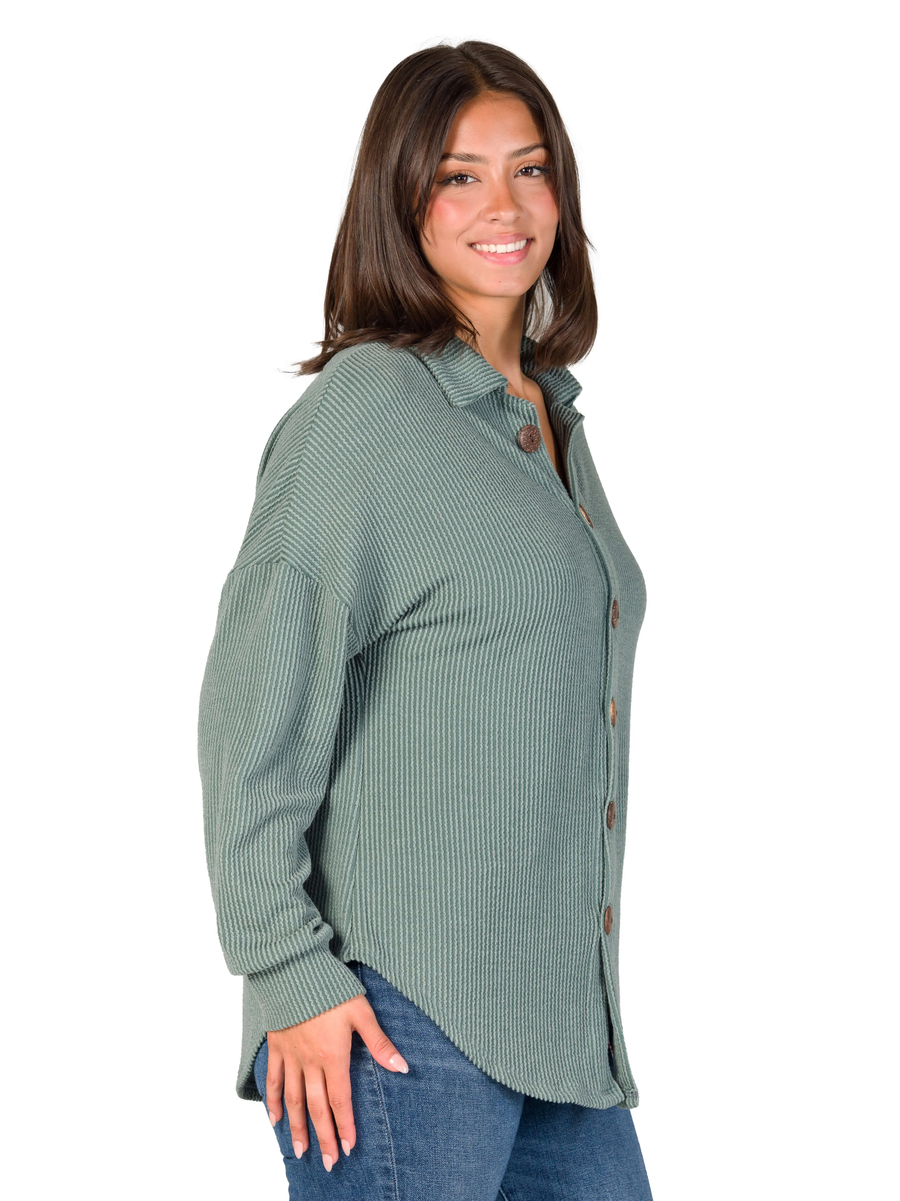 Ribbed Button Up Long Sleeve Collared Shirt Jacket
