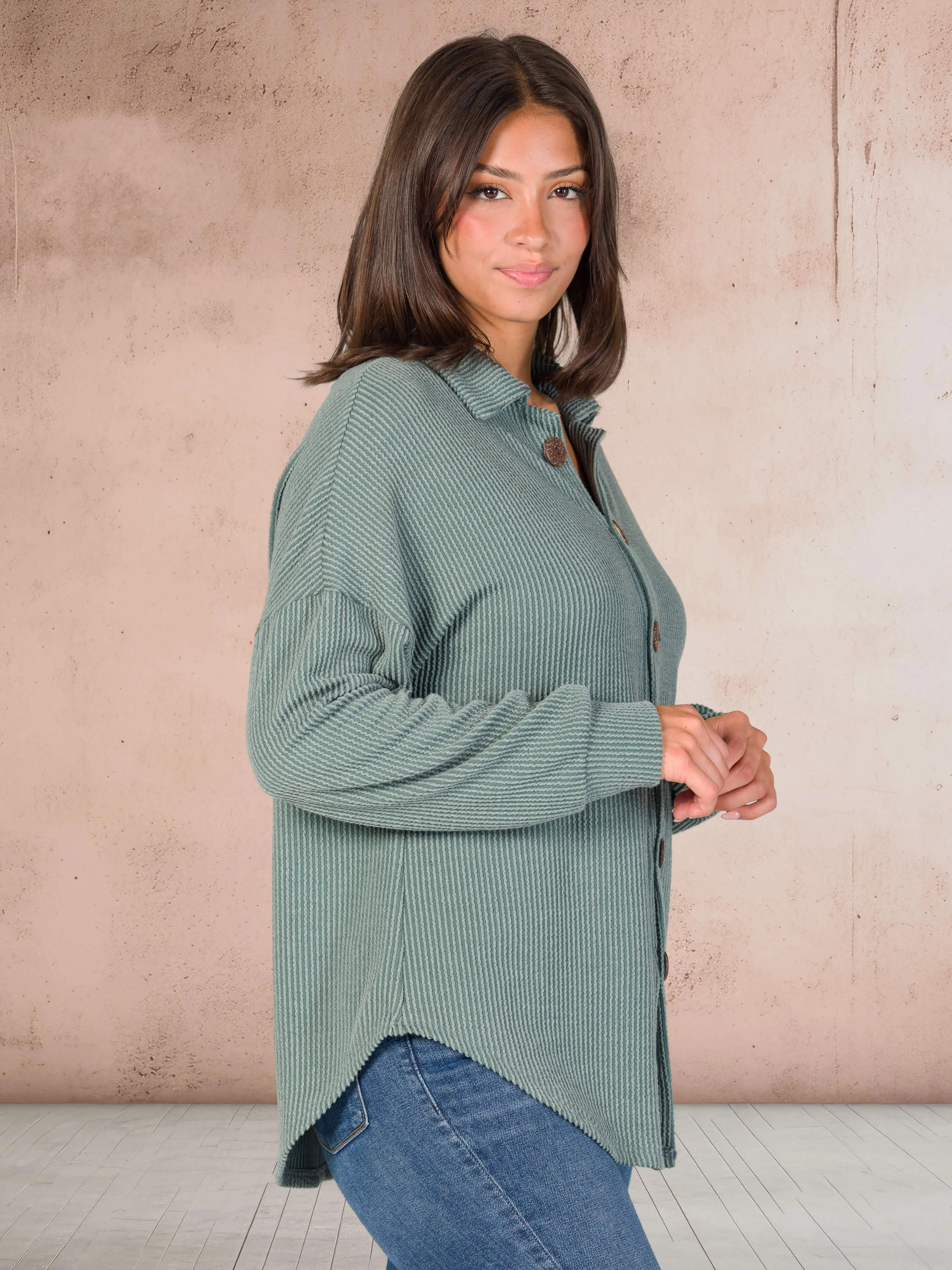 Ribbed Button Up Long Sleeve Collared Shirt Jacket