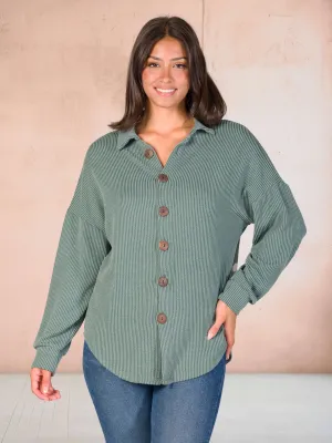 Ribbed Button Up Long Sleeve Collared Shirt Jacket