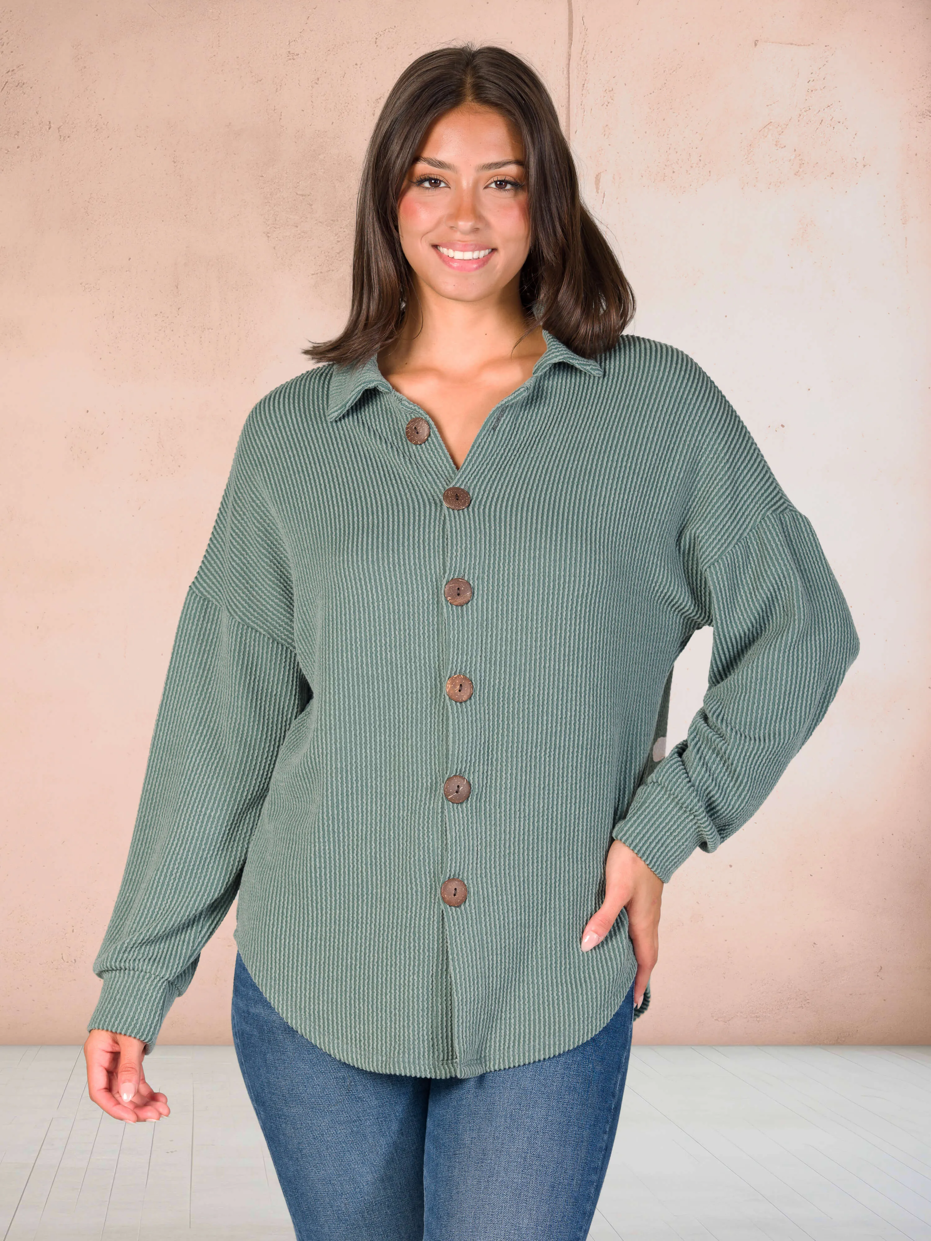 Ribbed Button Up Long Sleeve Collared Shirt Jacket