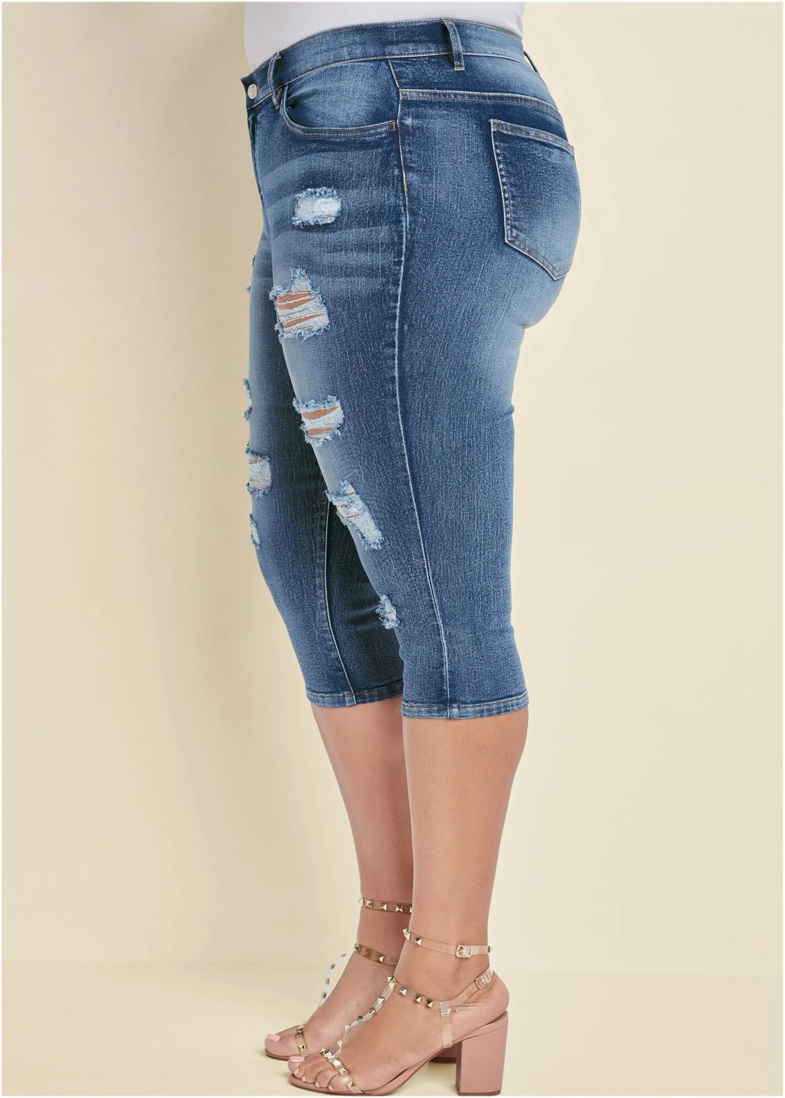Ripped Jean Capris - Medium Wash