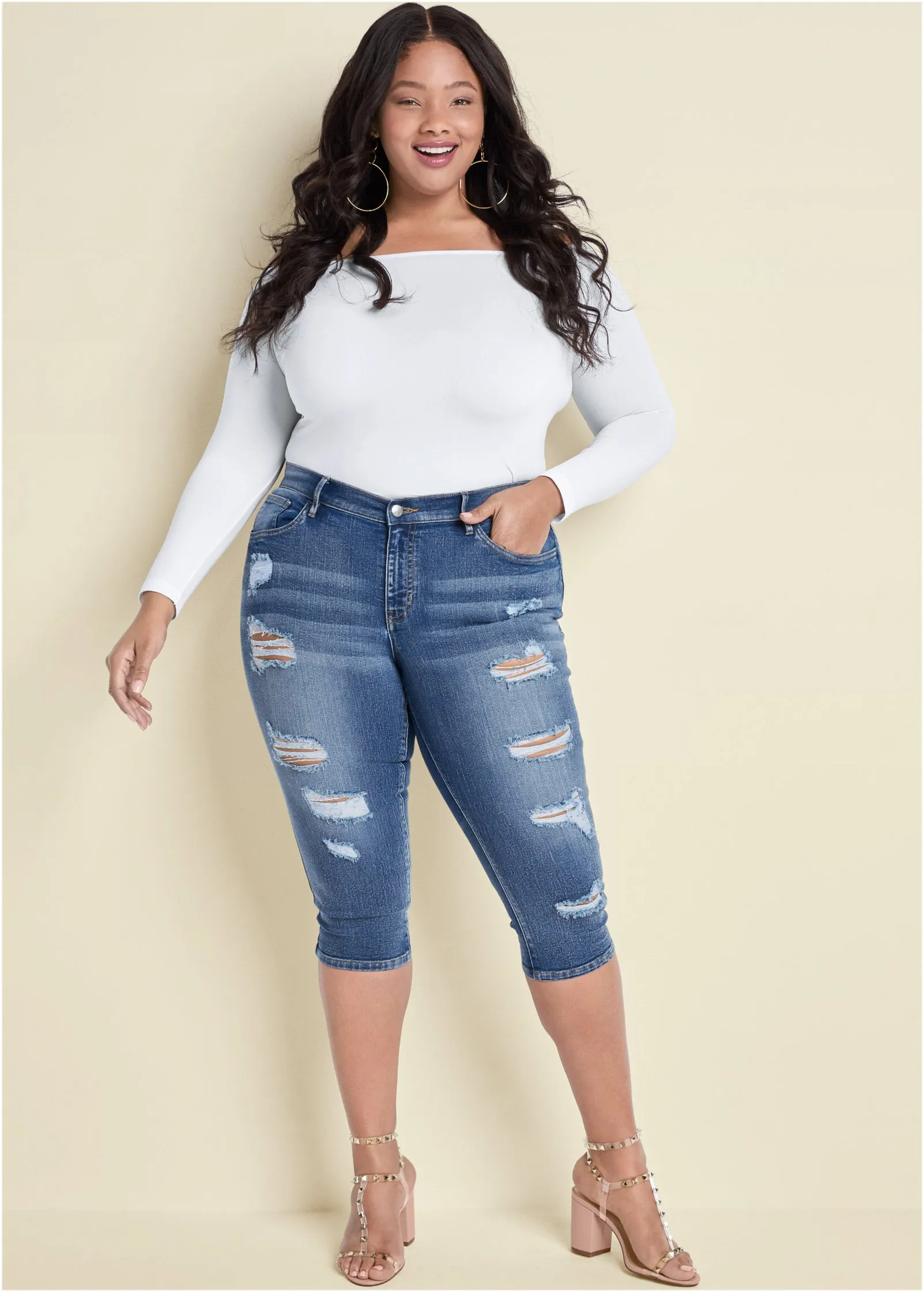 Ripped Jean Capris - Medium Wash