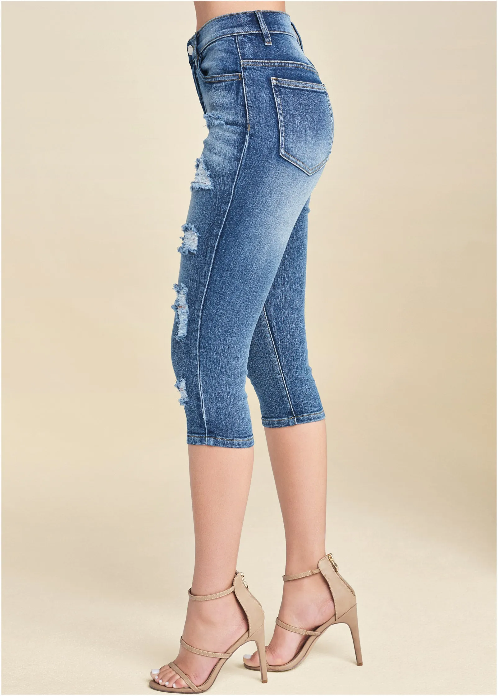 Ripped Jean Capris - Medium Wash