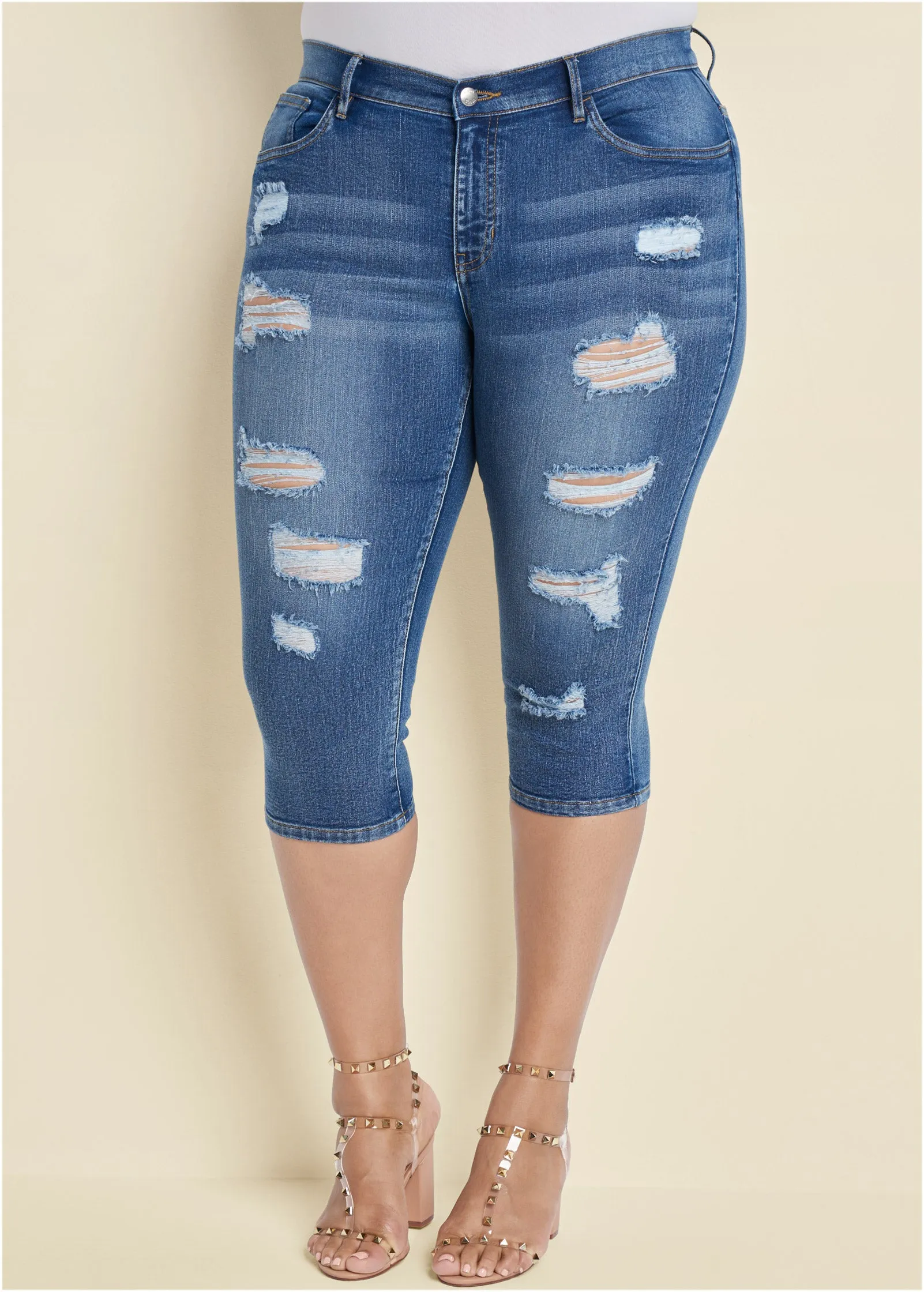 Ripped Jean Capris - Medium Wash