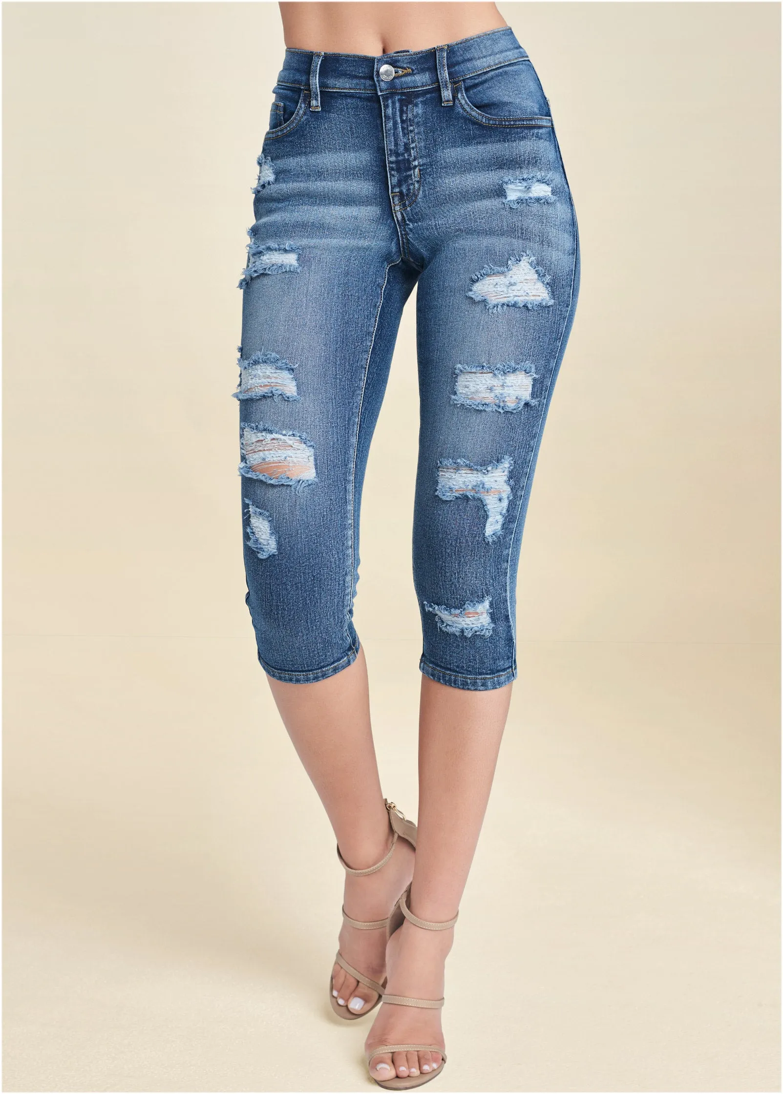 Ripped Jean Capris - Medium Wash