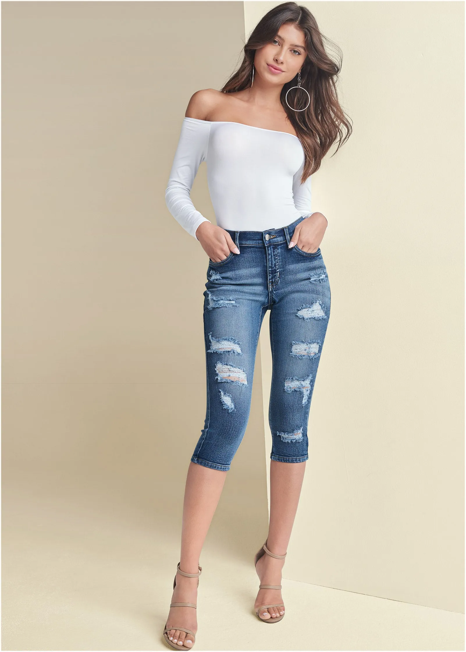 Ripped Jean Capris - Medium Wash