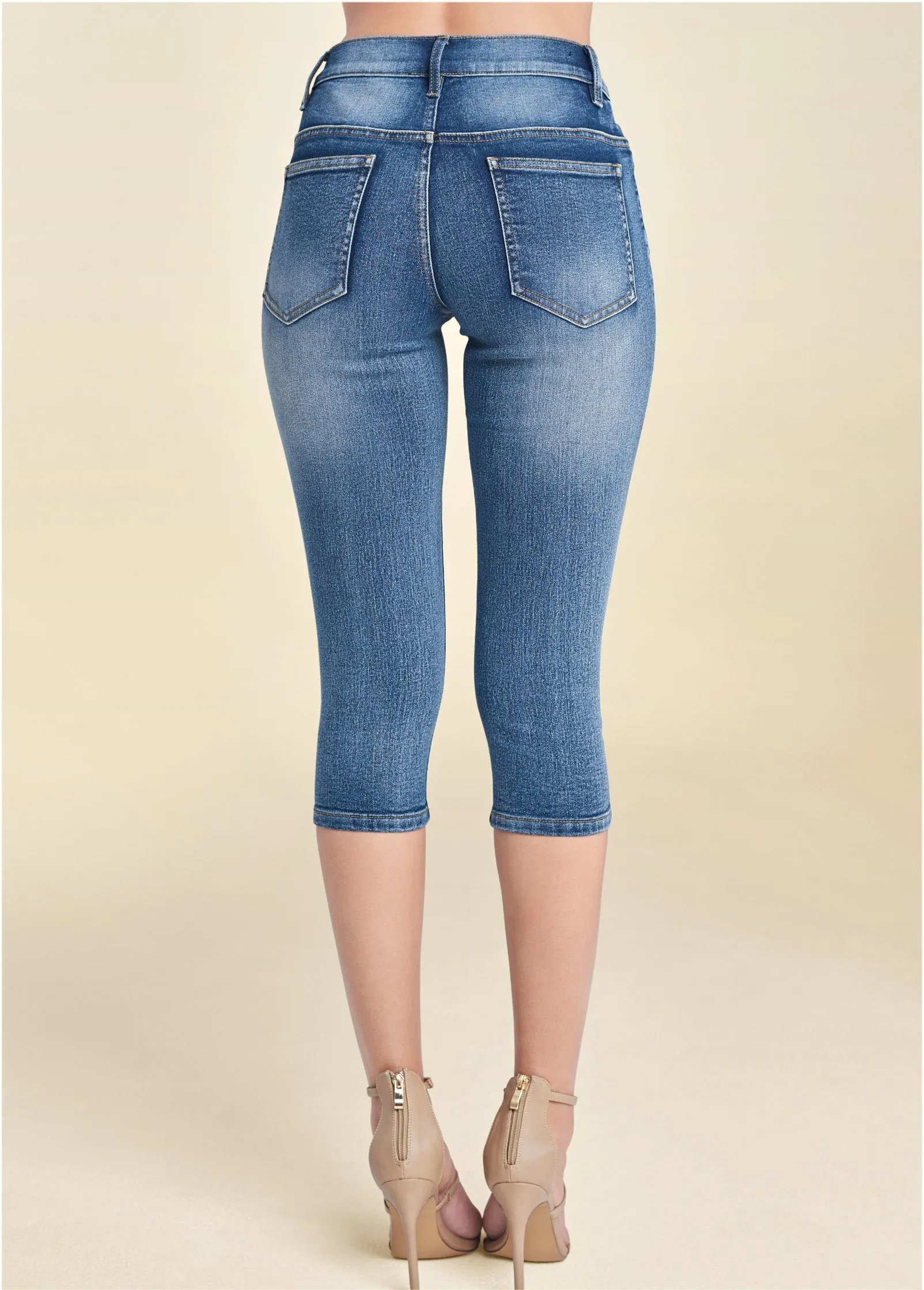 Ripped Jean Capris - Medium Wash