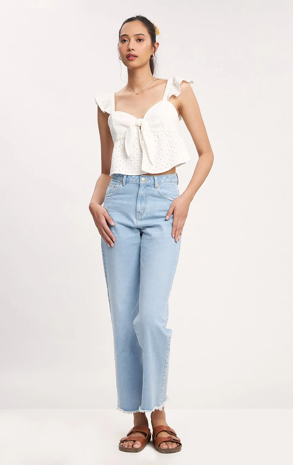ROMANTIC EYELET KNOTTED TOP WITH RUFFLES