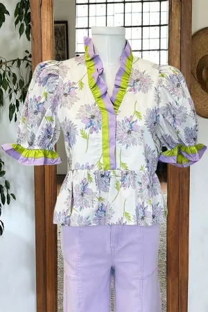 Romantic Purple Flower Ruffle Blouse