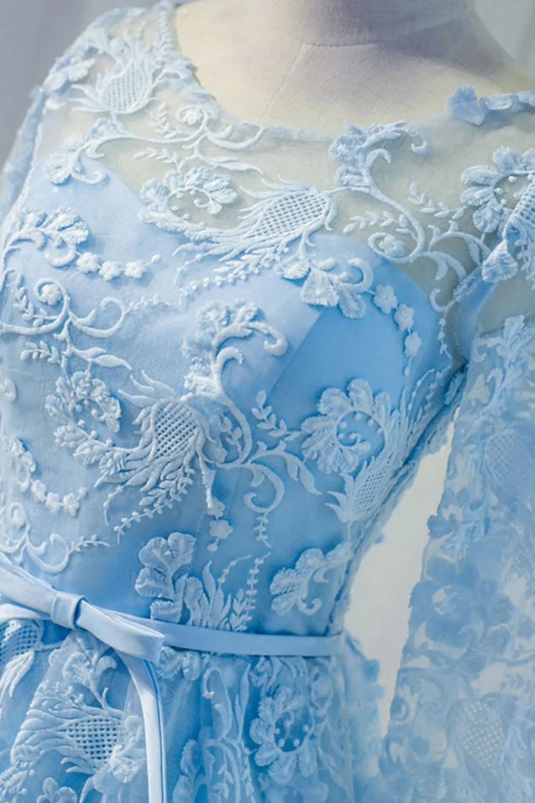 Round Neck Long Sleeves Light Blue Lace Short Prom Homecoming Dresses, Long Sleeve Light Blue Formal Dresses, Light Blue Lace Evening Dresses