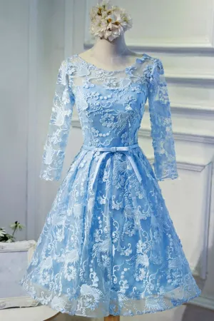Round Neck Long Sleeves Light Blue Lace Short Prom Homecoming Dresses, Long Sleeve Light Blue Formal Dresses, Light Blue Lace Evening Dresses