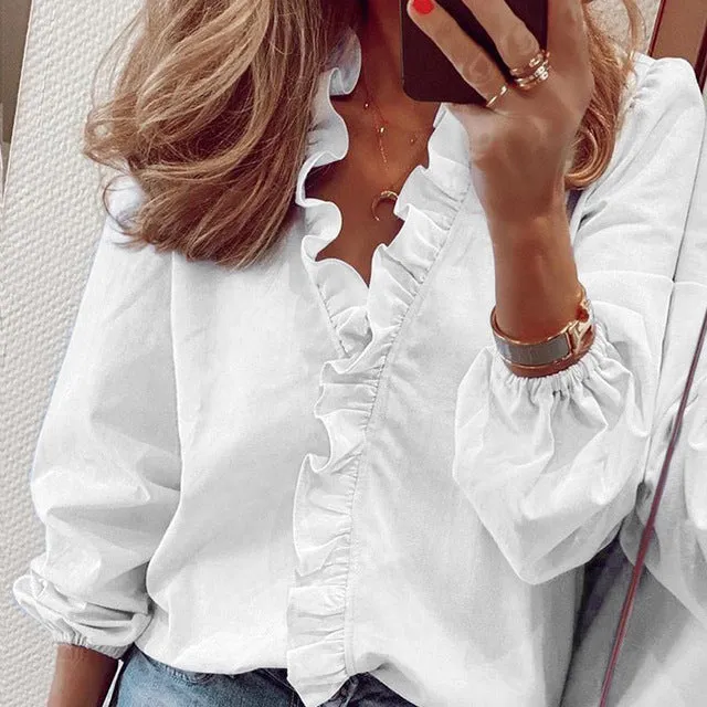 Ruffled V neck Long Sleeve Women Blouses Casual Letter Printed Blouse Women's Tops 2020 Spring Summer Plus Size Clothes Laides