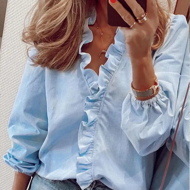 Ruffled V neck Long Sleeve Women Blouses Casual Letter Printed Blouse Women's Tops 2020 Spring Summer Plus Size Clothes Laides