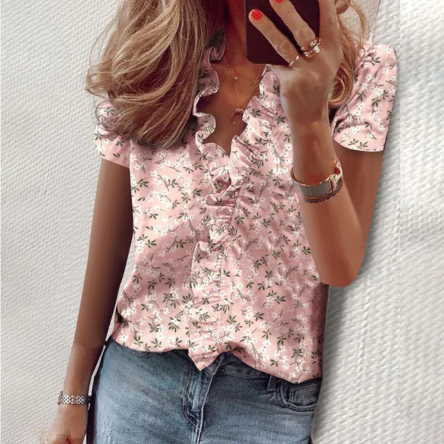 Ruffled V neck Long Sleeve Women Blouses Casual Letter Printed Blouse Women's Tops 2020 Spring Summer Plus Size Clothes Laides