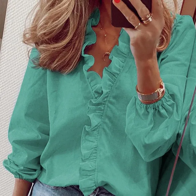 Ruffled V neck Long Sleeve Women Blouses Casual Letter Printed Blouse Women's Tops 2020 Spring Summer Plus Size Clothes Laides
