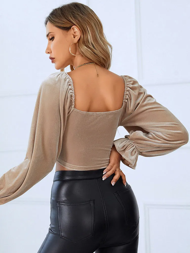 Rust Khaki Velvet Ruched Long Sleeve Top