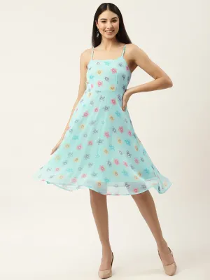 Sea Green & Yellow Floral Chiffon Midi Dress