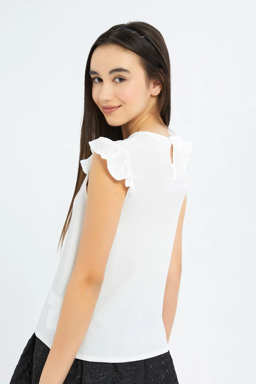 Senior Girls White Ruffled Sleeve Top
