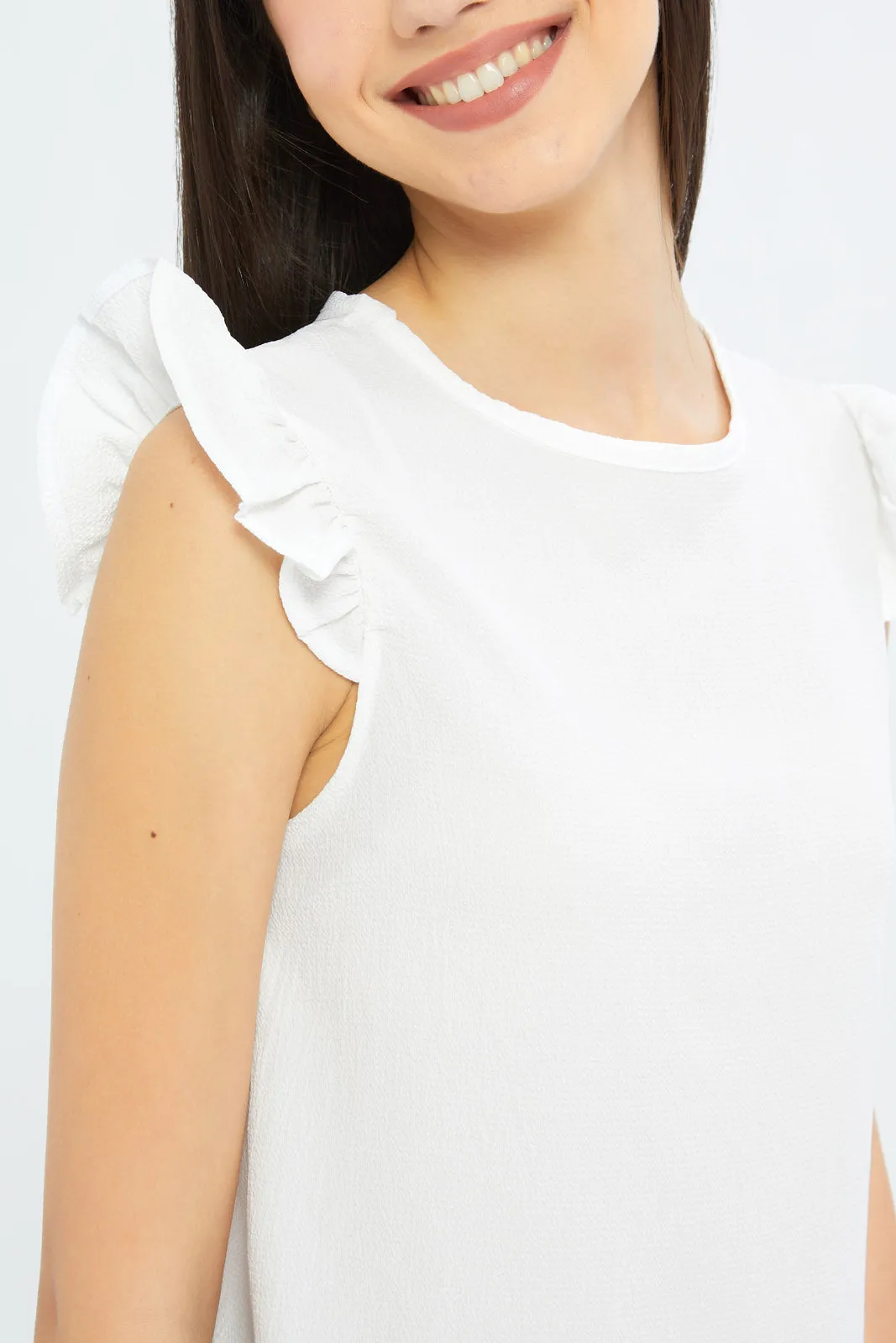 Senior Girls White Ruffled Sleeve Top