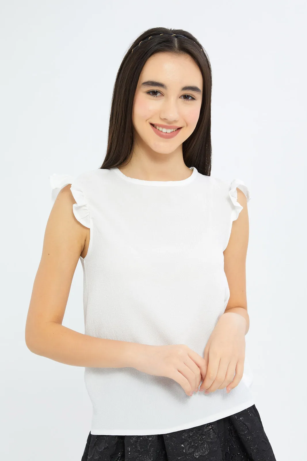 Senior Girls White Ruffled Sleeve Top