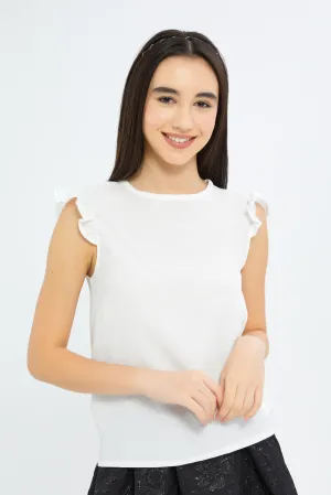 Senior Girls White Ruffled Sleeve Top
