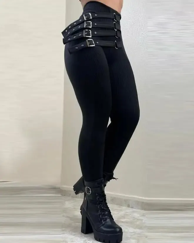 Sexy High Waist Buckled Skinny Pencil Pants – Casual Full-Length Trousers for Women