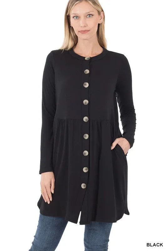 Shirred Waist Buttoned Cardigan With Side Pockets - Zenana