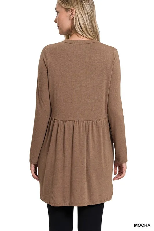 Shirred Waist Buttoned Cardigan With Side Pockets - Zenana