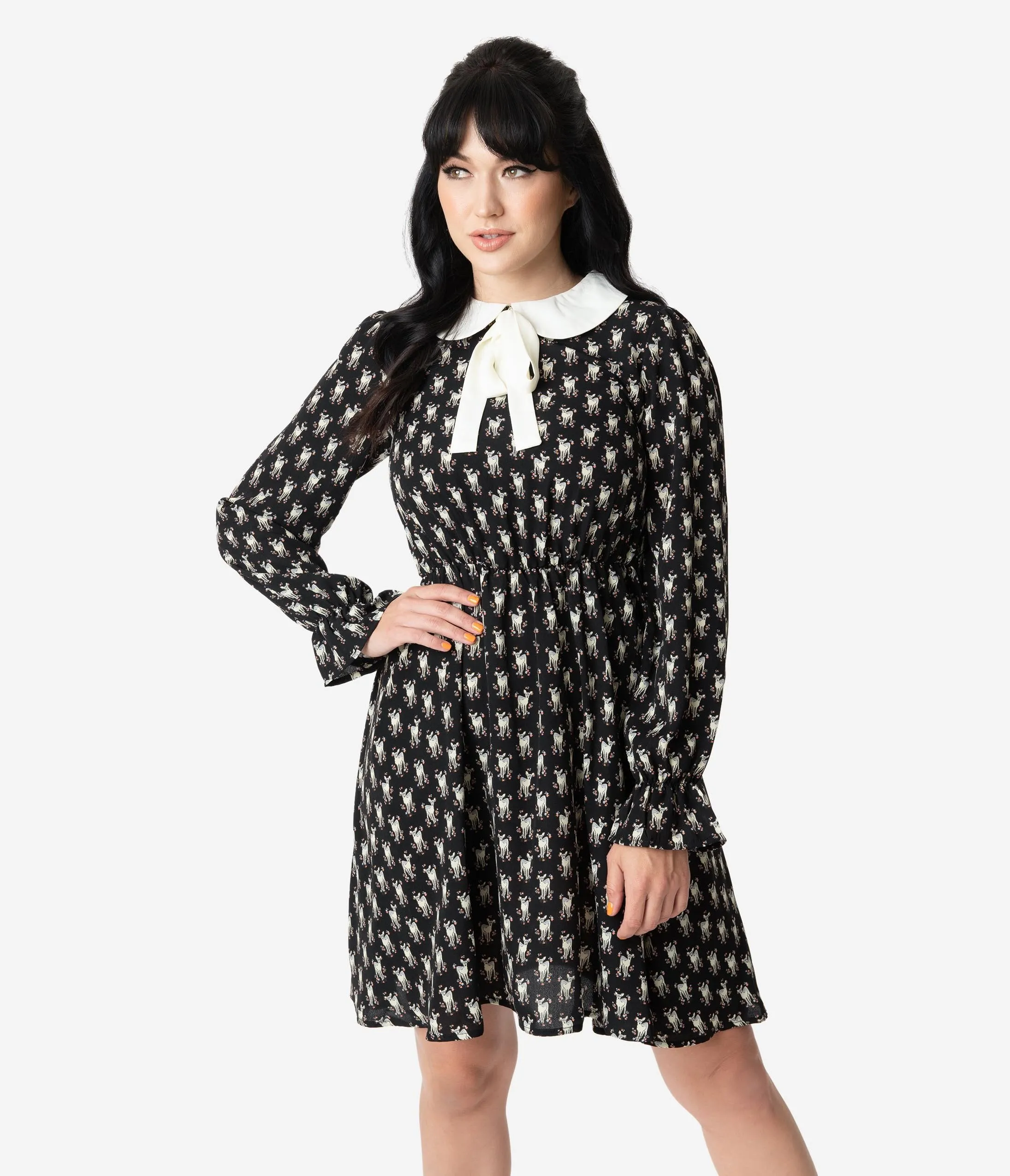 Smak Parlour Black & Ivory Deer Print Neck Tie First Wave Fit & Flare Dress
