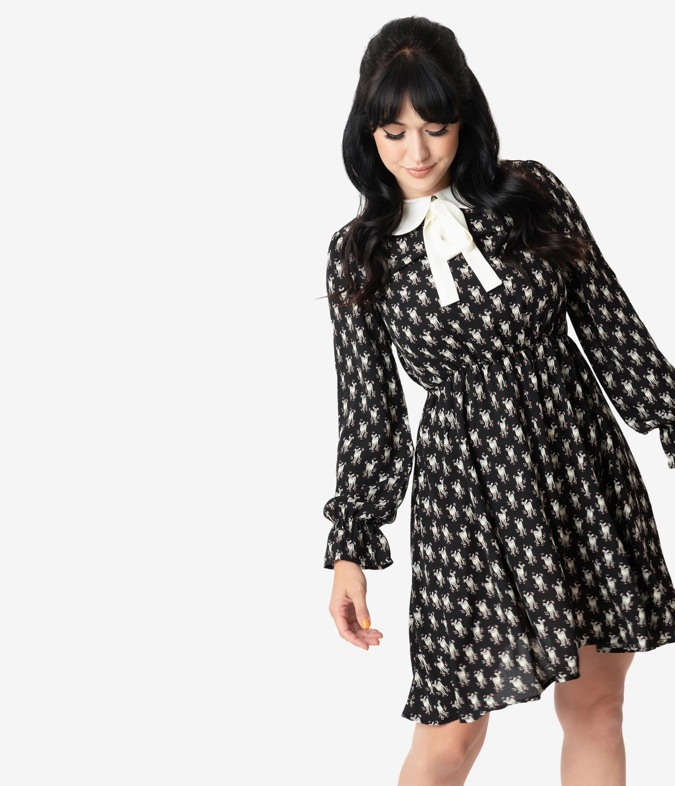 Smak Parlour Black & Ivory Deer Print Neck Tie First Wave Fit & Flare Dress