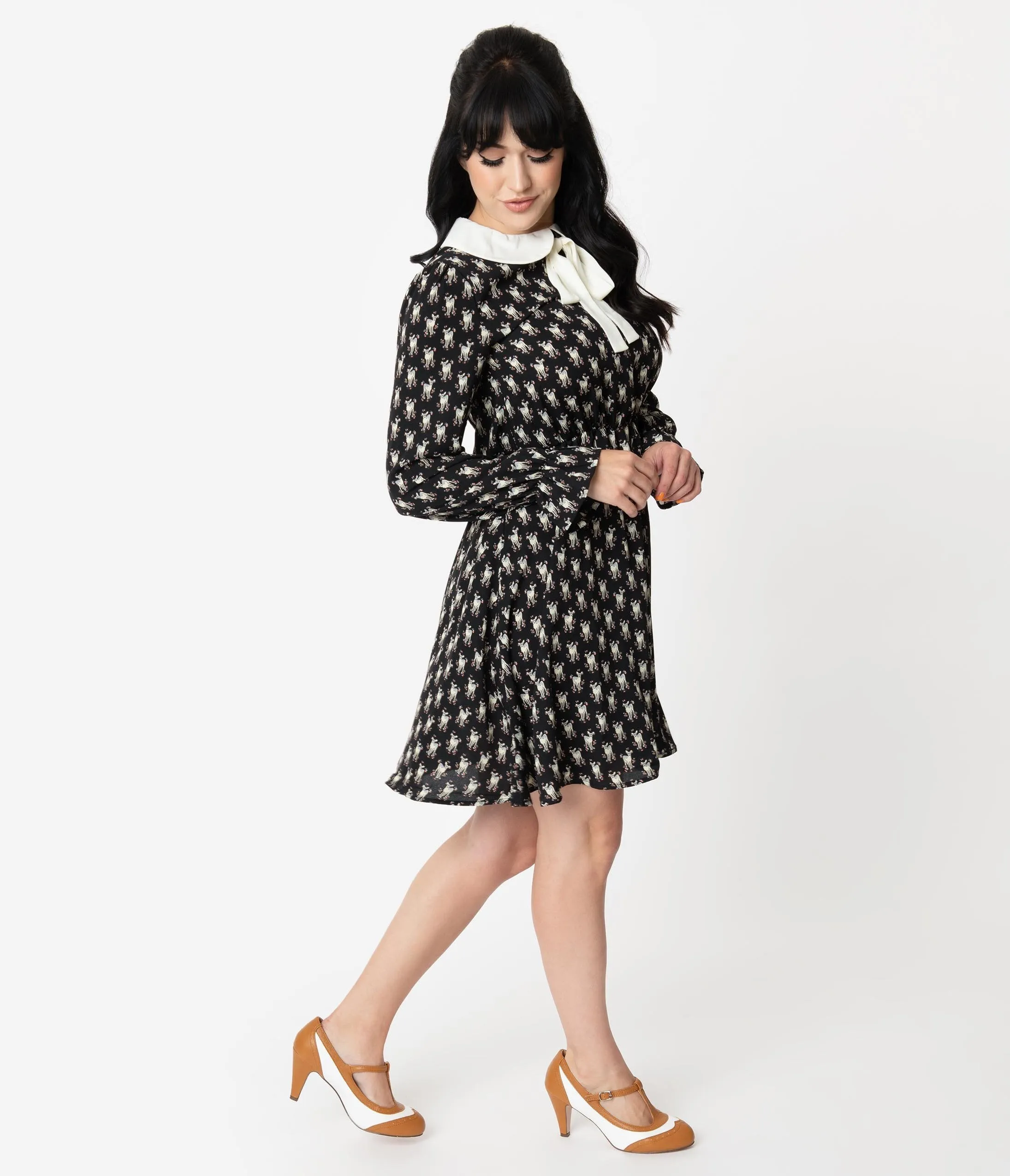 Smak Parlour Black & Ivory Deer Print Neck Tie First Wave Fit & Flare Dress