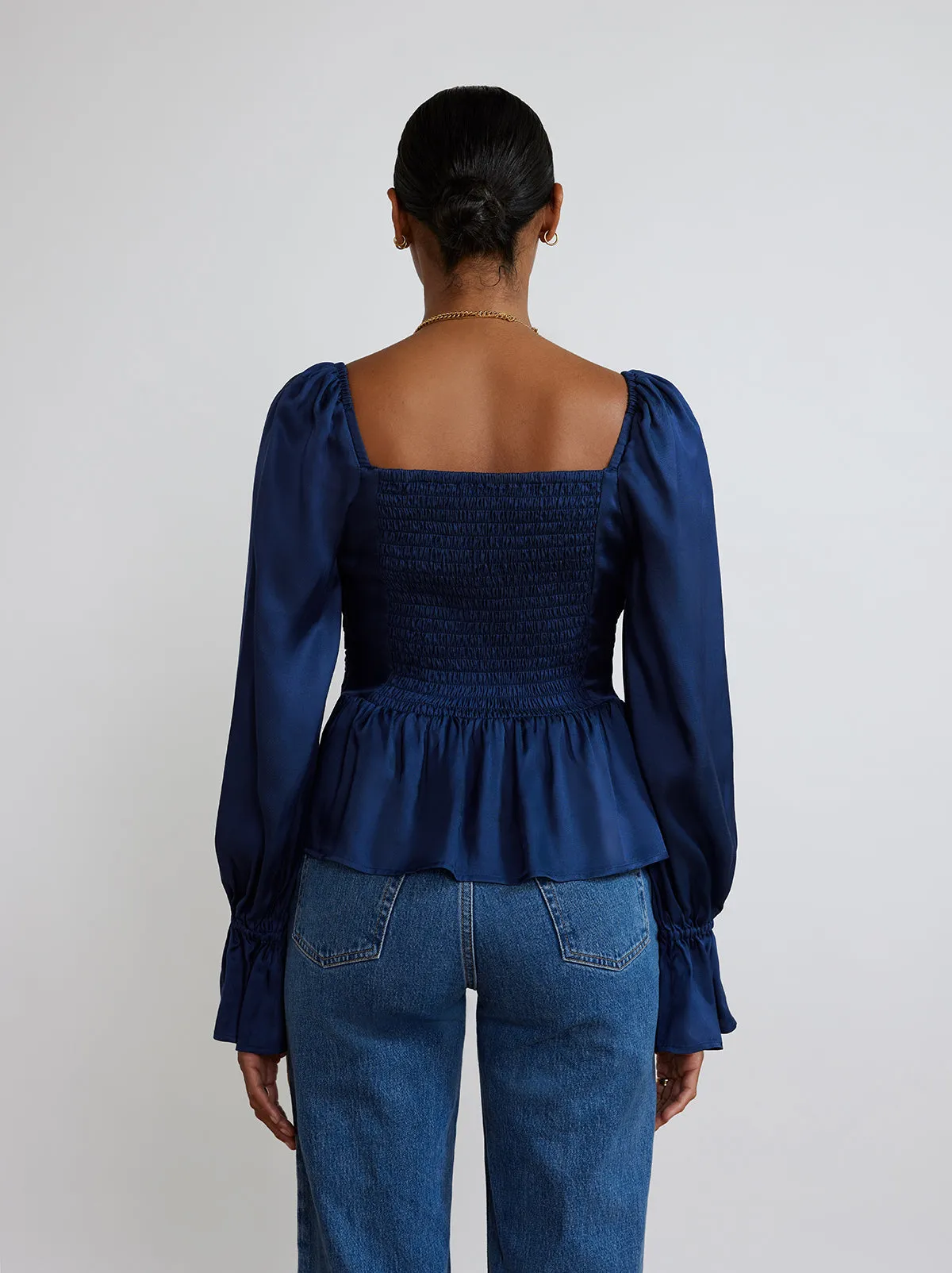 Sonya Navy Pleated Satin Top