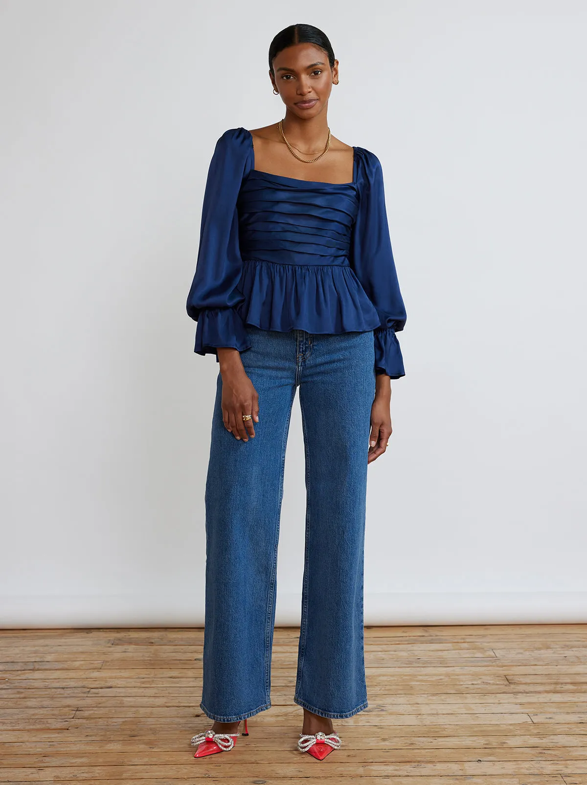 Sonya Navy Pleated Satin Top