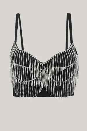 Sparkly Black Rhinestone Fringe Crop Top
