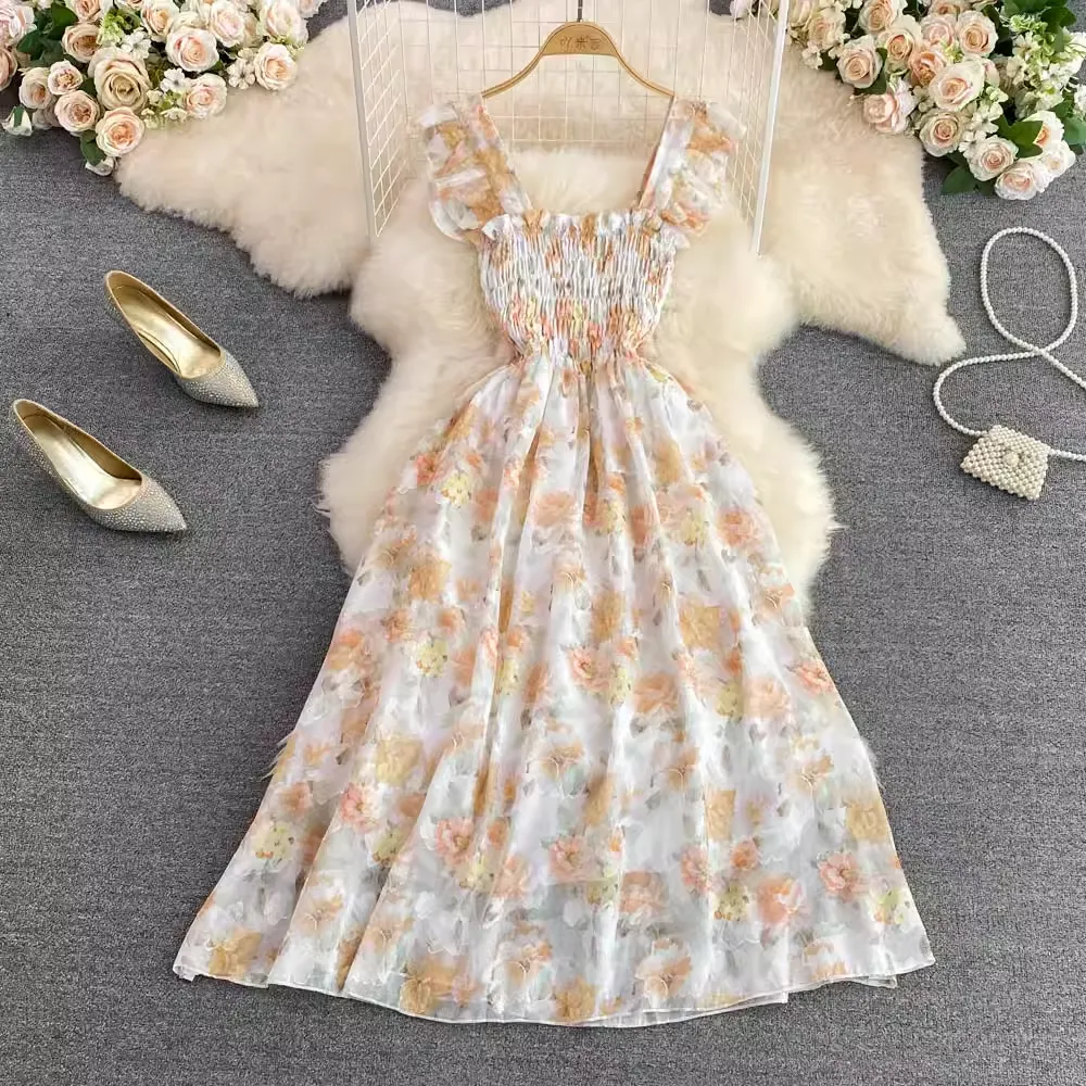 Sweet Floral Spaghetti Strap Skirt Summer Print A-Line Dress Elegant Long Dress 931