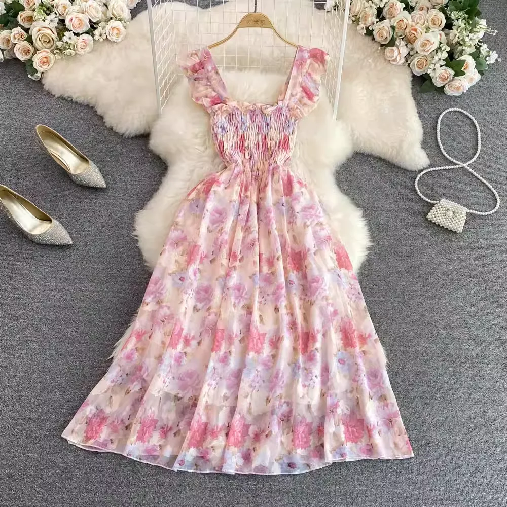 Sweet Floral Spaghetti Strap Skirt Summer Print A-Line Dress Elegant Long Dress 931