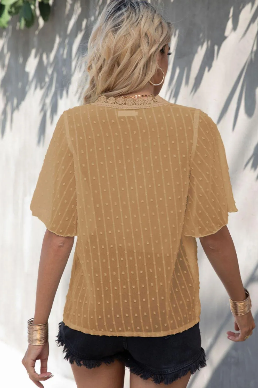 Take Life Easy Swiss Dot Flutter Sleeve Lace Blouse