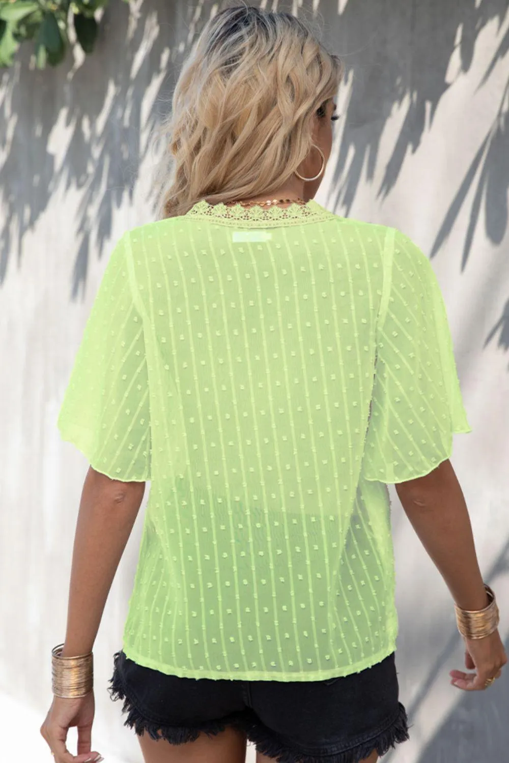 Take Life Easy Swiss Dot Flutter Sleeve Lace Blouse