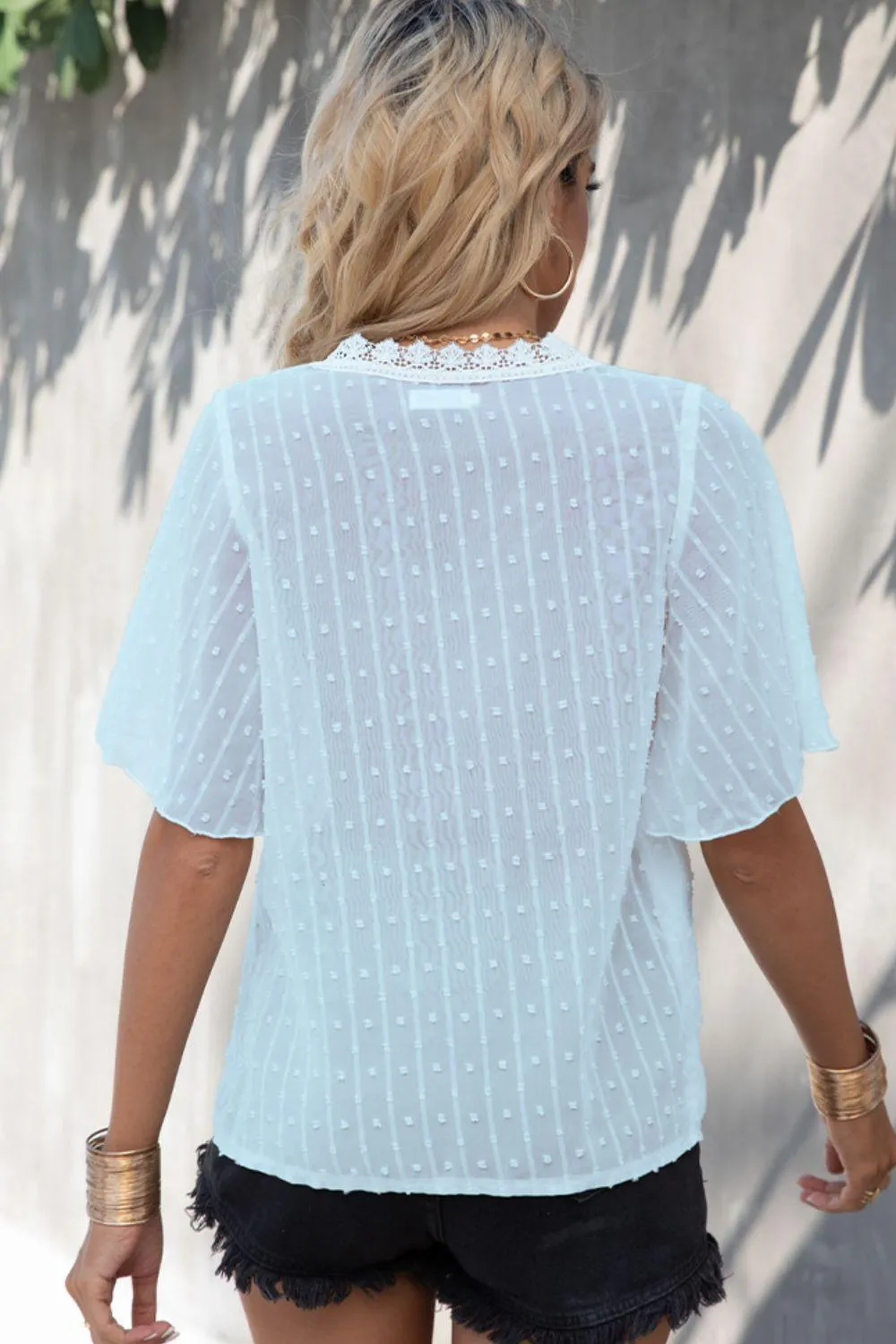 Take Life Easy Swiss Dot Flutter Sleeve Lace Blouse
