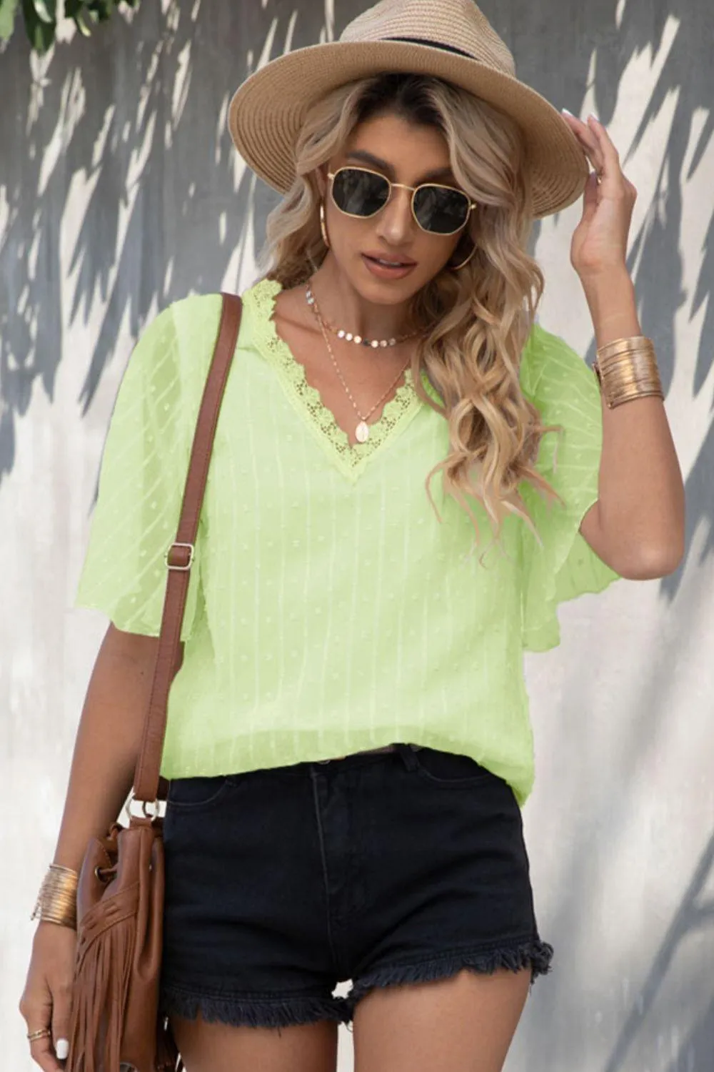 Take Life Easy Swiss Dot Flutter Sleeve Lace Blouse