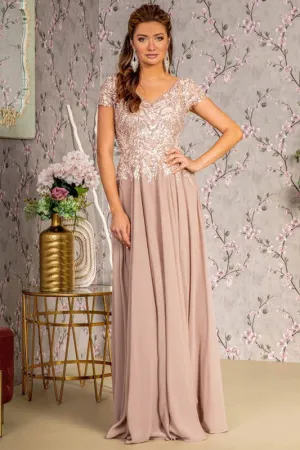 Taupe Embroidery/Sequin Illusion V-Neck A Line Mob Dress