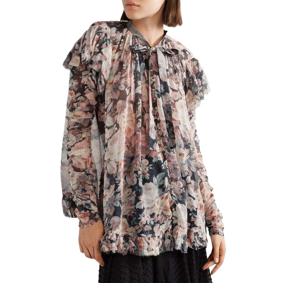 Tempest Frolic Ruffled Floral Print Silk Blouse
