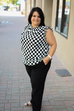 The Rachel in Checkerboard Printed Ruffled Sleeves