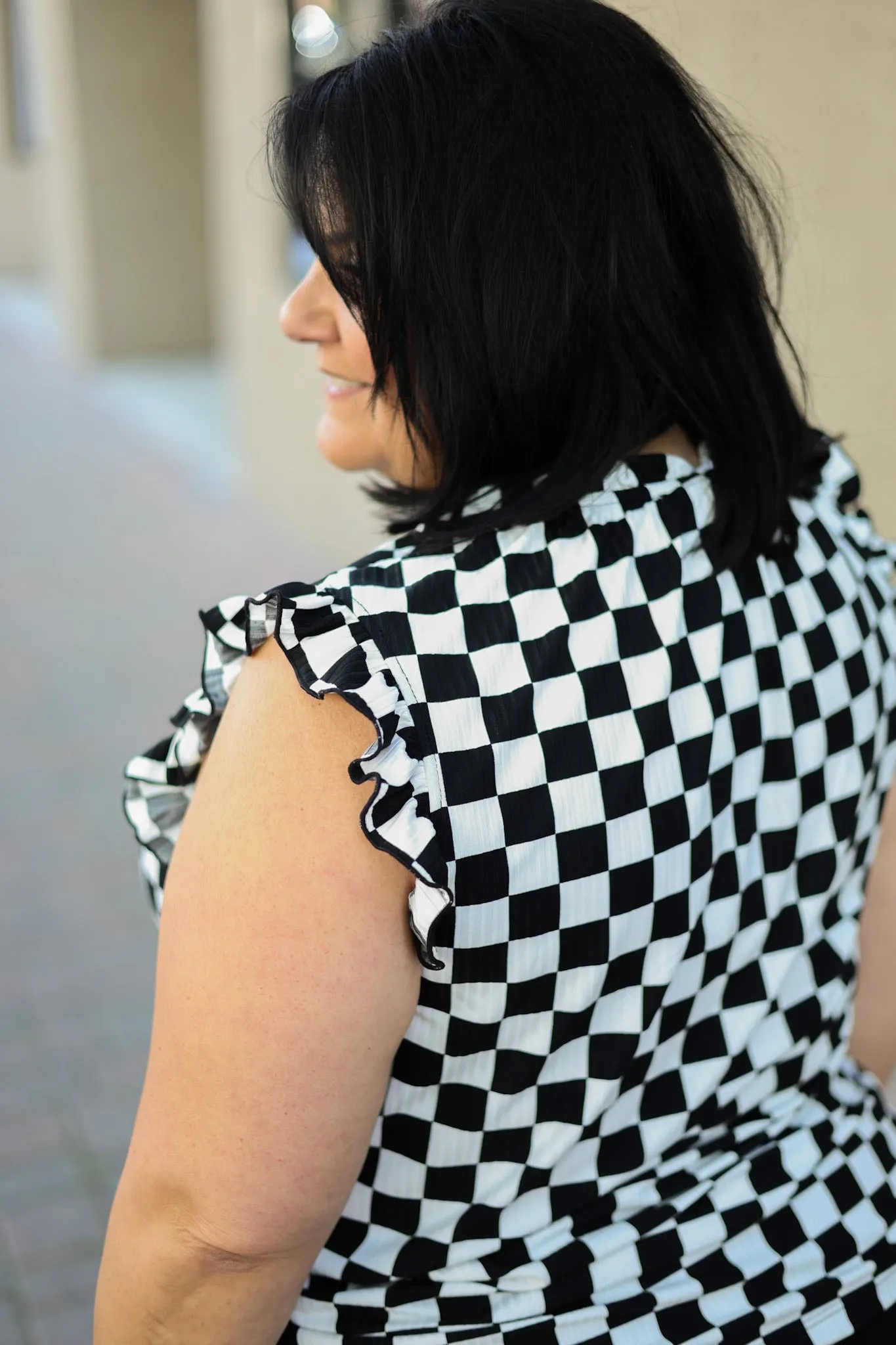The Rachel in Checkerboard Printed Ruffled Sleeves