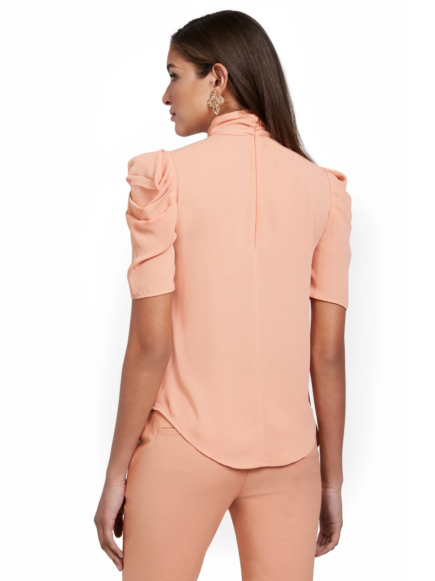 Tie-Neck Puff-Sleeve Blouse